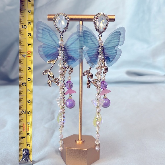 Fairy Core Long Faux Pearl Clear AB Crystal Butterfly Twig Design Dangle Earring - Picture 5 of 6